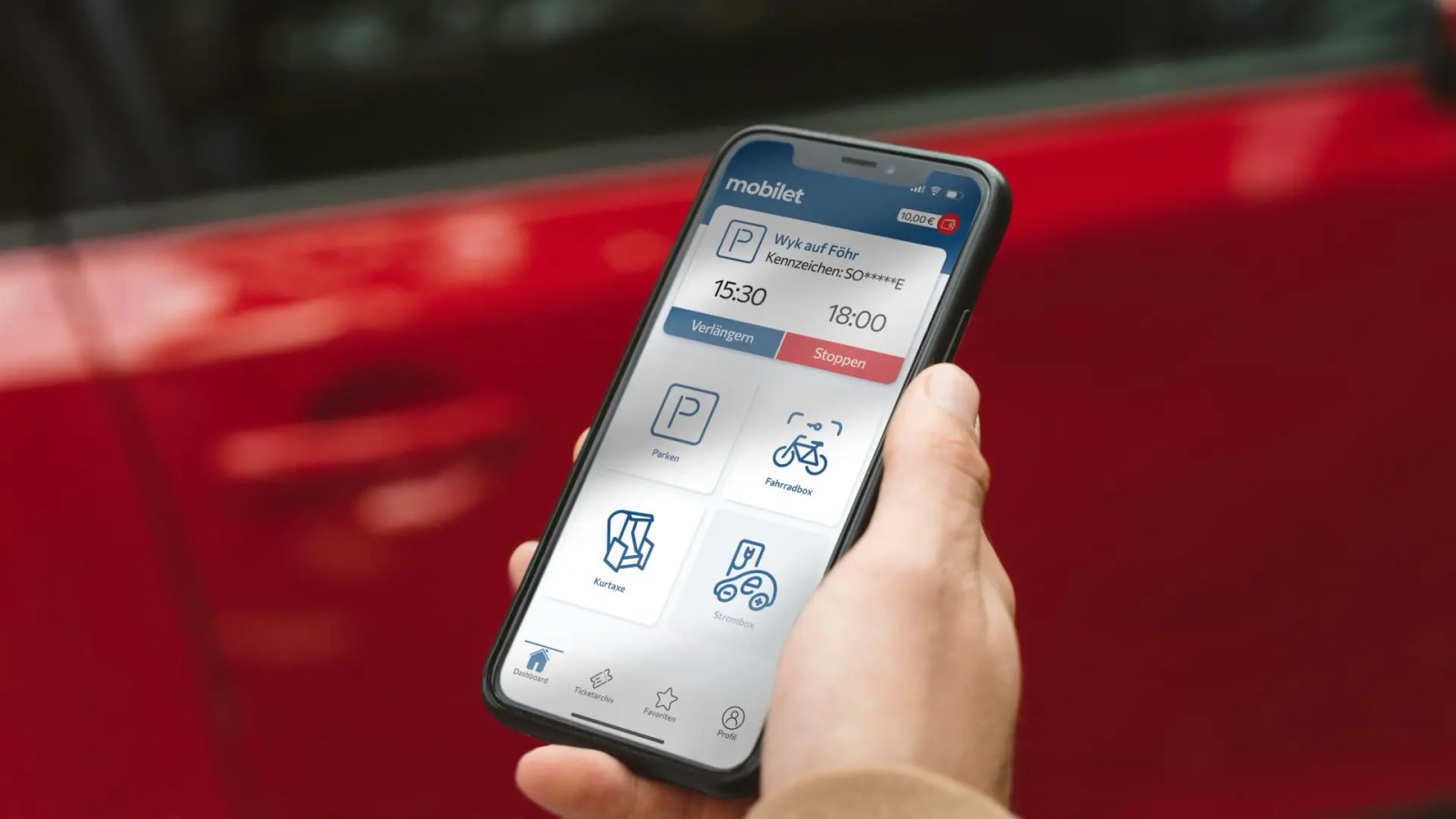 Ein Smartphone mit dem Startbildschirm der mobilet-App, die nicht nur zum Bezahlen von Parkgebühren dient