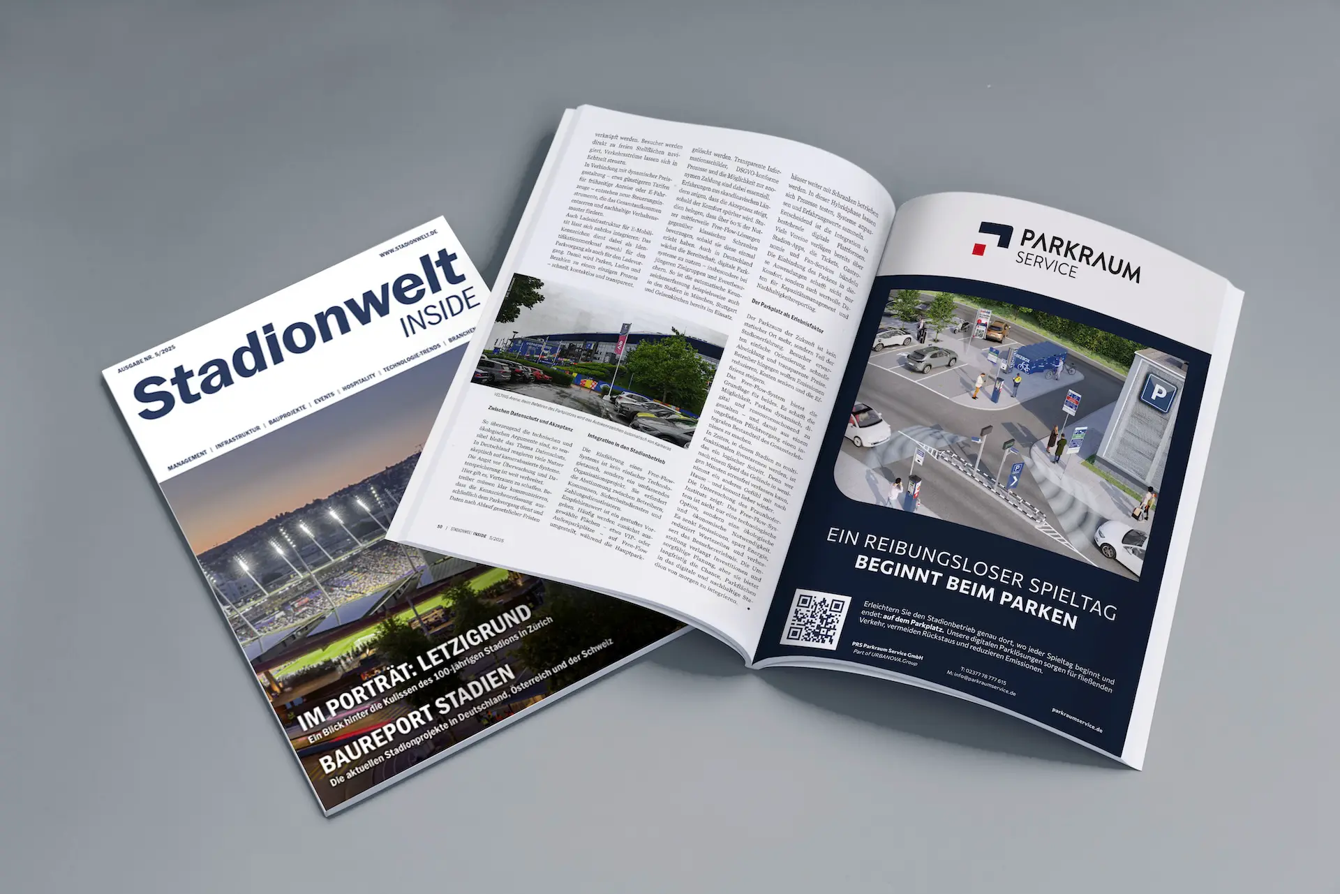 Mockup des Stadionwelt-Magazins mit Werbeanzeige von PRS Parkraum Service