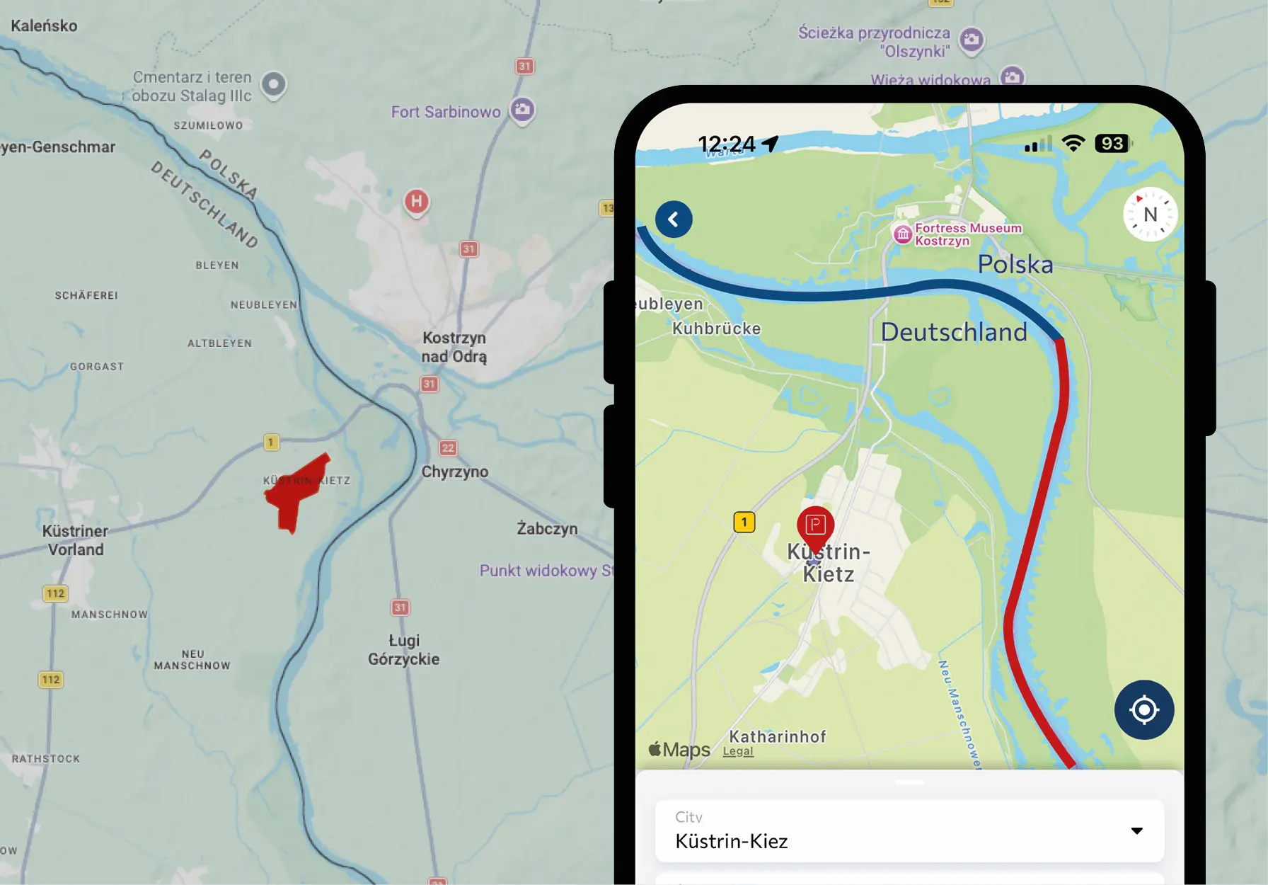 Ansicht der mobilet-App in Küstrin-Kietz