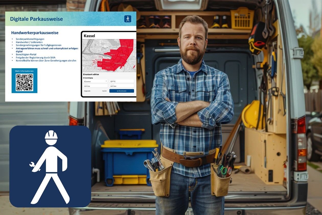Ein Handwerker greift auf seinem Smartphone auf das Portal zum Erwerb eines digitalen Parkausweises zu, während er vor einem Gebäude parkt